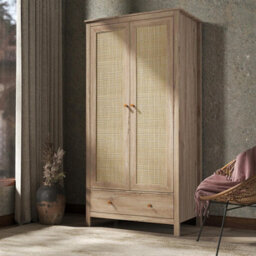 Willow Oak & Real Rattan 2 Door Double Wardrobe With 1 Drawer Bedroom Furniture Storage - thumbnail 2