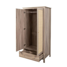 Willow Oak & Real Rattan 2 Door Double Wardrobe With 1 Drawer Bedroom Furniture Storage - thumbnail 5