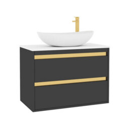 Royal Bathrooms Orion 800mm Matt Obsidian Black Wall Hung Plain White Countertop Vanity Unit 2 Drawer With Cesar Basin & Brushed Brass Accent Trim - thumbnail 6