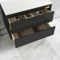 Royal Bathrooms Orion 800mm Matt Obsidian Black Wall Hung Plain White Countertop Vanity Unit 2 Drawer With Cesar Basin & Brushed Brass Accent Trim - thumbnail 4
