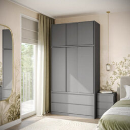 Urbn-Living Urbnliving 240Cm Height 6 Sliding Door 4 Drawer Grey Freestanding Wardrobe Clothes Storage Hanging Rail Bedroom - thumbnail 2