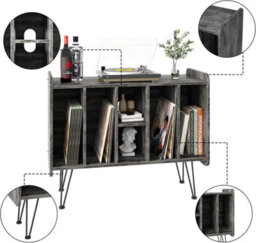 Huhote Three Tier Grey Vinyl Record Storage End Table Turntable Stand And Holder For 200 Albums Record Player Stand For Home - thumbnail 5