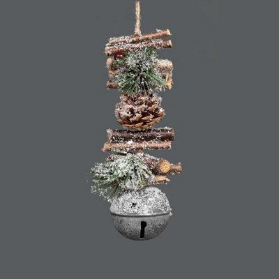 Shatchi Hanging Decoration With Jingle Bells Wooden Sticks, Berries And Pinecones Christmas Home Wall Door 33Cm Silver - image 1