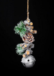 Shatchi Hanging Decoration With Jingle Bells Wooden Sticks, Berries And Pinecones Christmas Home Wall Door 33Cm Silver - thumbnail 2