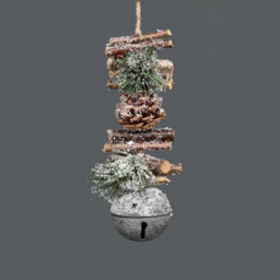 Shatchi Hanging Decoration With Jingle Bells Wooden Sticks, Berries And Pinecones Christmas Home Wall Door 33Cm Silver - thumbnail 1