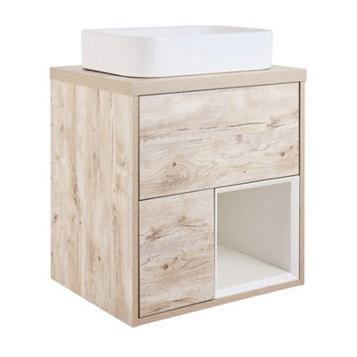 Homestylestore Light Oak 594mm Led Lit Wall Hung Bathroom Vanity Unit Rectangular Chalk Countertop Basin Open Shelf - image 1