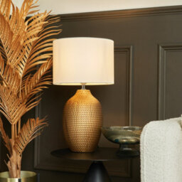 Litecraft Dennis Ceramic Hammered Table Lamp With White Shade - Antique Gold