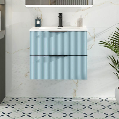 Royal Bathrooms Evora 700mm Powder Blue Fluted Wall Hung Bathroom Vanity Unit 2 Drawer With Ceramic Basin & Matt Black Handles - image 1