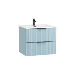 Royal Bathrooms Evora 700mm Powder Blue Fluted Wall Hung Bathroom Vanity Unit 2 Drawer With Ceramic Basin & Matt Black Handles - thumbnail 6