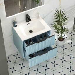 Royal Bathrooms Evora 700mm Powder Blue Fluted Wall Hung Bathroom Vanity Unit 2 Drawer With Ceramic Basin & Matt Black Handles - thumbnail 4