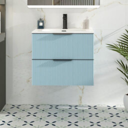 Royal Bathrooms Evora 700mm Powder Blue Fluted Wall Hung Bathroom Vanity Unit 2 Drawer With Ceramic Basin & Matt Black Handles - thumbnail 1