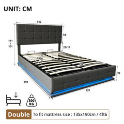 Matteo 4Ft6 Grey Ottoman Double Bed Frame With Rgb Led Lighting & Hydraulic Storage, Pu Leather Upholstered And Adjustable Headboard - thumbnail 8