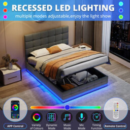 Matteo 4Ft6 Grey Ottoman Double Bed Frame With Rgb Led Lighting & Hydraulic Storage, Pu Leather Upholstered And Adjustable Headboard - thumbnail 6