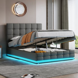 Matteo 4Ft6 Grey Ottoman Double Bed Frame With Rgb Led Lighting & Hydraulic Storage, Pu Leather Upholstered And Adjustable Headboard - thumbnail 2