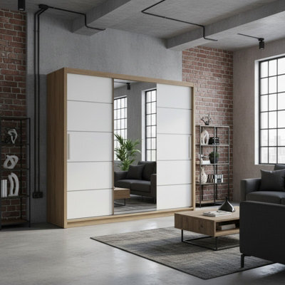 Alba Sliding Door Wardrobe Stylish Modern Storage With Mirror Body Sonoma Front White - image 1