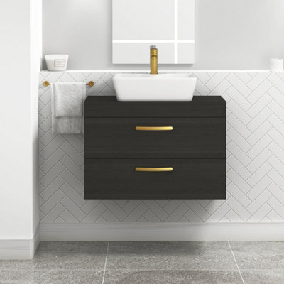 Royal Bathrooms 800mm Wall Hung Vanity Unit 2 Drawer Hale Black & Cube Countertop Basin With Brushed Brass Handle - image 1