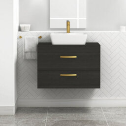 Royal Bathrooms 800mm Wall Hung Vanity Unit 2 Drawer Hale Black & Cube Countertop Basin With Brushed Brass Handle - thumbnail 1