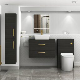 Royal Bathrooms 800mm Wall Hung Vanity Unit 2 Drawer Hale Black & Cube Countertop Basin With Brushed Brass Handle - thumbnail 2