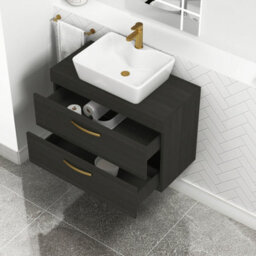 Royal Bathrooms 800mm Wall Hung Vanity Unit 2 Drawer Hale Black & Cube Countertop Basin With Brushed Brass Handle - thumbnail 3
