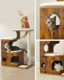 Songmics Cat Condo, Medium Tower Featuring Three Beds And A Cave, Mdf And Wood Veneer, Sisal Post, Washable, Rustic Brown - thumbnail 1