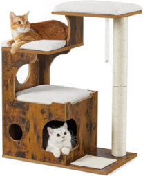 Songmics Cat Condo, Medium Tower Featuring Three Beds And A Cave, Mdf And Wood Veneer, Sisal Post, Washable, Rustic Brown - thumbnail 2