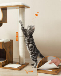 Songmics Cat Condo, Medium Tower Featuring Three Beds And A Cave, Mdf And Wood Veneer, Sisal Post, Washable, Rustic Brown - thumbnail 5