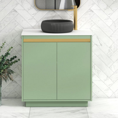 Royal Bathrooms Orion 800mm Mint Sage Floor Standing Plain White Countertop Vanity Unit 2 Door With Milan Black Basin & Brushed Brass Accent Trim - image 1