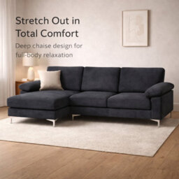 SquareBoxx Venossa L Shaped Corner Sofa With Chaise Lounge A 4 Seater Modern Jumbo Cord Sofa, Deep Seat Comfort, Plush Cushions & Chrome Legs - thumbnail 3