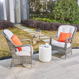 Abrihome 3-Piece Outdoor Garden Bistro Set, Grey Rattan Chairs With A White Concrete Side Table - thumbnail 9