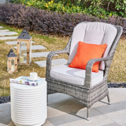 Abrihome 3-Piece Outdoor Garden Bistro Set, Grey Rattan Chairs With A White Concrete Side Table - thumbnail 8