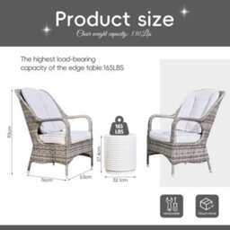 Abrihome 3-Piece Outdoor Garden Bistro Set, Grey Rattan Chairs With A White Concrete Side Table - thumbnail 3