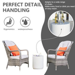 Abrihome 3-Piece Outdoor Garden Bistro Set, Grey Rattan Chairs With A White Concrete Side Table - thumbnail 5