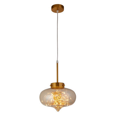 Lighting Collection Hand Blown Amber Swirl Teardrop Glass Pendant With Brass Fitting - image 1