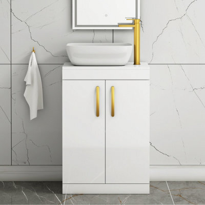 Royal Bathrooms 600mm Floor Standing Vanity Unit 2 Door Gloss White & Countertop Basin - Elva With Brushed Brass Handle - image 1