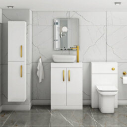Royal Bathrooms 600mm Floor Standing Vanity Unit 2 Door Gloss White & Countertop Basin - Elva With Brushed Brass Handle - thumbnail 2