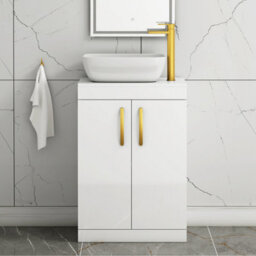 Royal Bathrooms 600mm Floor Standing Vanity Unit 2 Door Gloss White & Countertop Basin - Elva With Brushed Brass Handle - thumbnail 1