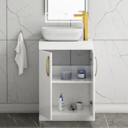 Royal Bathrooms 600mm Floor Standing Vanity Unit 2 Door Gloss White & Countertop Basin - Elva With Brushed Brass Handle - thumbnail 3
