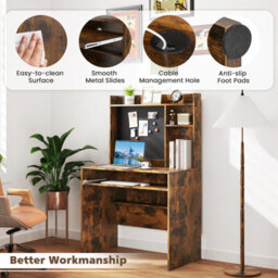 Costway Computer Desk W/ Magnetic Bulletin Board & Hutch & Keyboard Tray 89 X 50 Cm Brown - thumbnail 9