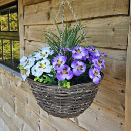 Best Artificial 14 Inch / 35Cm Purple & White Faux Pansy Flower With Rattan Wicker Hanging Basket For Indoor Or Outdoor Use