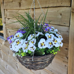 Best Artificial 14 Inch / 35Cm Purple & White Faux Pansy Flower With Rattan Wicker Hanging Basket For Indoor Or Outdoor Use - thumbnail 2