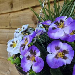 Best Artificial 14 Inch / 35Cm Purple & White Faux Pansy Flower With Rattan Wicker Hanging Basket For Indoor Or Outdoor Use - thumbnail 3