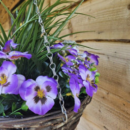 Best Artificial 14 Inch / 35Cm Purple & White Faux Pansy Flower With Rattan Wicker Hanging Basket For Indoor Or Outdoor Use - thumbnail 4
