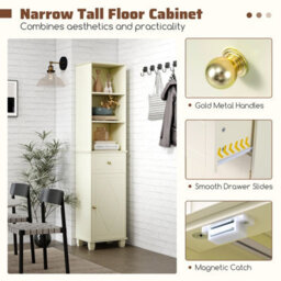 Costway 172 Cm Tall Bathroom Cabinet Freestanding Narrow Cabinet-Beige - thumbnail 6