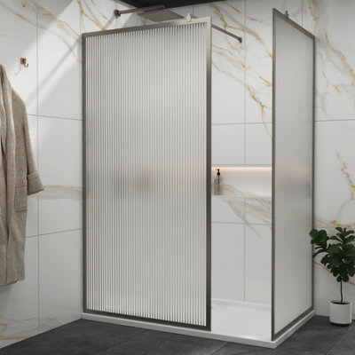 Royal Bathrooms Luxor Walk In Wet Room Fluted Shower Enclosure With 1200 X 800mm Stone Tray & Gun Metal Grey Frame 8mm Easy Clean Glass