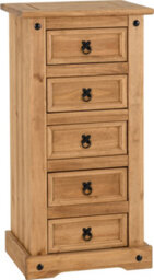 Seconique Corona 5 Drawer Narrow Chest Of Drawers Distressed Waxed Pine Metal Handles