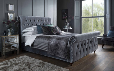 Save On Goods UK 4Ft6 Double Grey Velvet Scroll Button Back Chesterfield Fabric Upholstered Bed Frame Bedstead - image 1