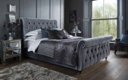 Save On Goods UK 4Ft6 Double Grey Velvet Scroll Button Back Chesterfield Fabric Upholstered Bed Frame Bedstead - thumbnail 1