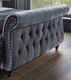 Save On Goods UK 4Ft6 Double Grey Velvet Scroll Button Back Chesterfield Fabric Upholstered Bed Frame Bedstead - thumbnail 4