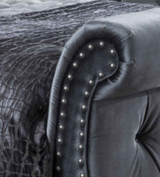 Save On Goods UK 4Ft6 Double Grey Velvet Scroll Button Back Chesterfield Fabric Upholstered Bed Frame Bedstead - thumbnail 2