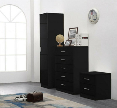 Reflect 1 Door Plain Wardrobe, 5 Drawer Chest, 2 Drawer Bedside - Black Gloss & Black Oak - Bedroom Furniture Set - image 1